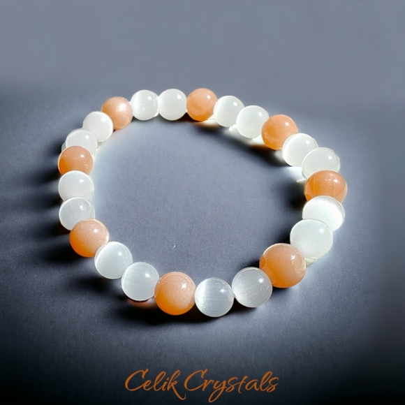 Sunstone & White Cat Eye Bracelet 8mm Natural Stones Unisex Healing Bracelet - Picture 3 of 5